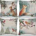 Rustic Farmhouse Winter Animal Bird Fox Rabbit Decorative Throw Pillow Covers Set of 4, Christmas Deer Gifts, Christmas Tree Snowflake Pillow Cases 18 x 18 Inch Kids Room Bed Sofa Decor