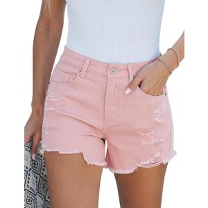 luvamia Jean Shorts for Women High Waisted Stretchy Distressed Denim Shorts Ripped Frayed Raw Hem Summer Casual Shorts (X-Large, Candy Pink)