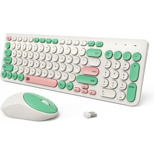 Wireless Keyboards Mouse Combos, Colorful Quiet Keyboard Cute Typewriter Full-Size Retro Round Keycaps, 2.4GHz Sleep Mode Office Wireless Keyboard and Mouse Set for Desktop Laptop PC Computer (96 Keys Green Colorful)