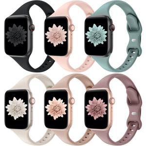 6 Pack Thin Slim Bands Compatible with Apple Watch  42mm 44mm 45mm 46mm 49mm Women Men, Replacement Soft Silicone Sport Strap for iWatch Series 10/9/8/7/6/5/4/3/2/1 Ultra SE (#Black/Pink Sand/Cactus/Starlight/Milk Tea/Smoke Violet)