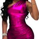 Lucuna Women's Birthday Dress Sexy One Shoulder Metallic Sparkly Bodycon Ruched Club Mini Dress (Medium)