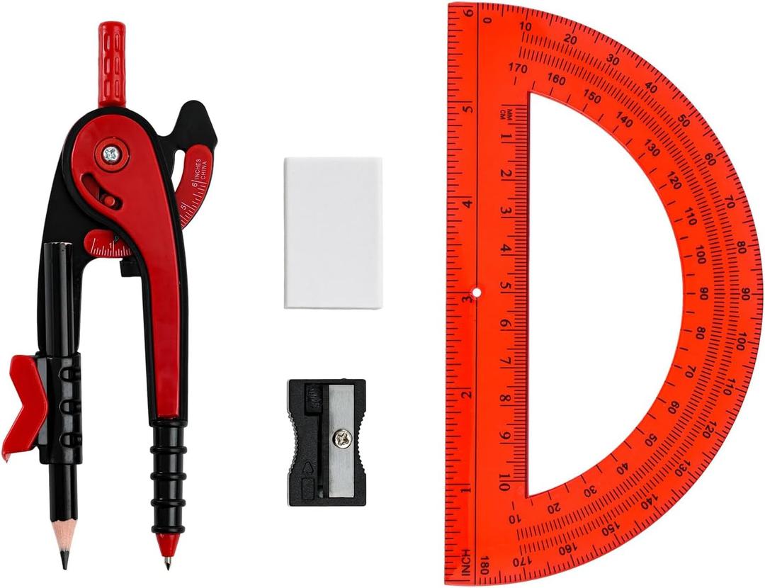 4 x Unjoo Compass for Geometry Set, 6 Inch Protractor, Clear Plastic (Red)