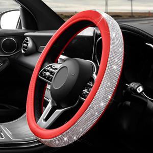 Diamond Leather Steering Wheel Cover, 15 Inch Bling Crystal Rhinestone Anti-Slip Wheel Protector, Universal Sparkling Elegant Diamond Steering Wheels Cover for Women Girl (White&Red)
