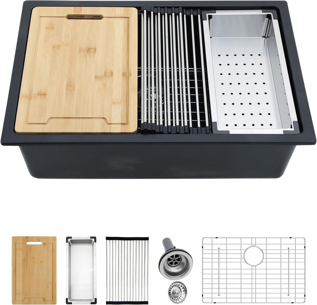 Kichae 28 inch Granite Composite Undermount Kitchen Sink - 28 x 19 Single Bowl Kitchen Sink Matte Black Quartz Workstation Kitchen Sink, 28"x19"x9"