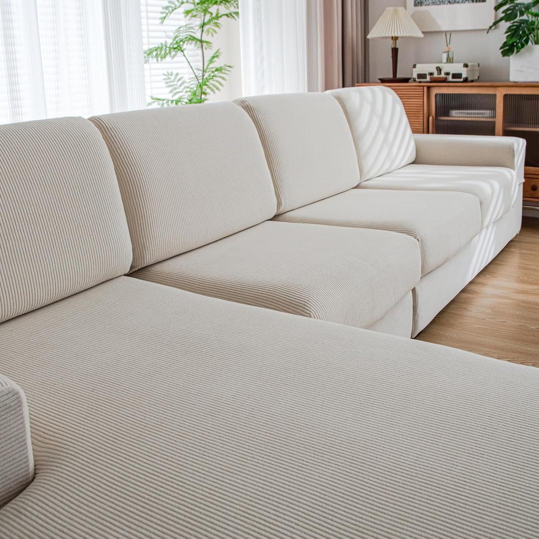 Couch Cushion Covers,Comfort Soft Magic Sofa Covers Washable Stretch Resistant for 2 Chair Cushion Couch Furniture Protectors for Pets Sectional Slipcovers(2-Piece+1 Chaise,Ivory)
