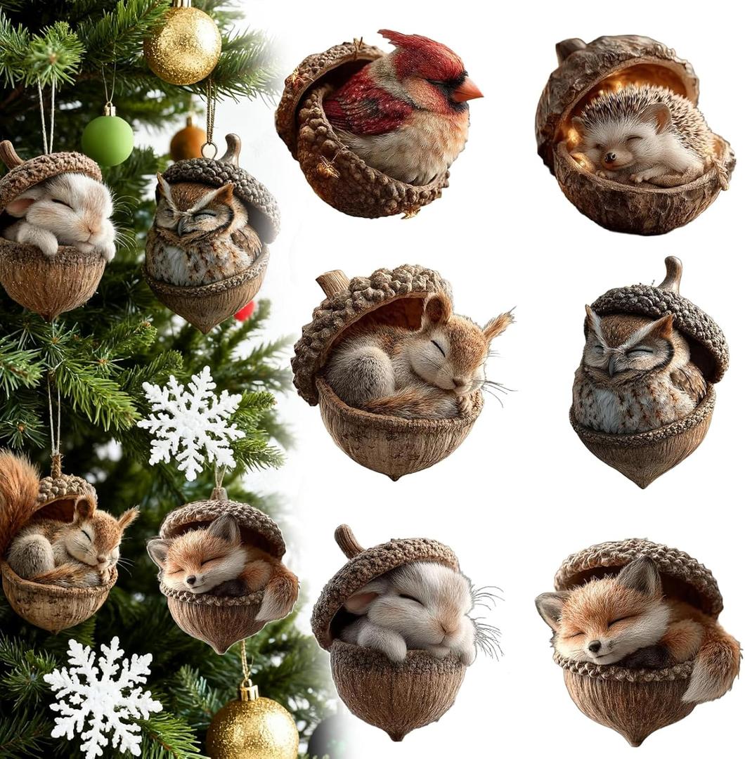 Forest Animal Acorn Ornaments Cozy Forest Christmas Ornaments, 6PCS Cozy Forest Animal Acorn Christmas Ornaments for Christmas Tree, 2D Acrylic Hanging Ornament Home Party Décor