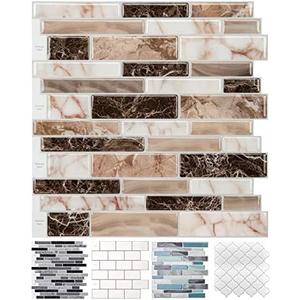LONGKING 10-Sheet Peel and Stick Tile Backsplash, Vinyl 3D Self-Adhesive Tile Stickers for Kitchen, Bathroom, Counter Top, Marble 77