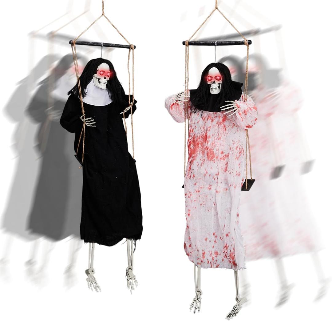 Outvita 2 Pack Hanging Halloween Skeleton Decorations Outdoor, Scary Swinging Grim Reapers for Best Halloween Outdoor Decor with Lighted Up Eyes, Creepy Haunted House Prop, Party Supplies
