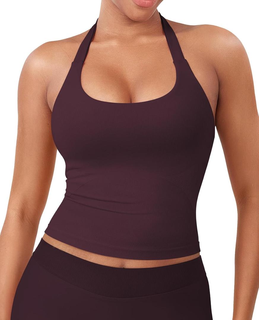 YEOREO SoftHue Women's Impact Halter Tank Top Longline Backless Scoop Neck Built-in Bra Sports Workout Gym Crop Top (X-Large, Mauve)