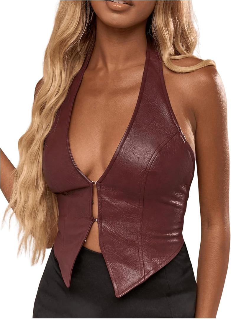 SOLY HUX Women's PU Leather Halter Tank Tops Sexy Deep V Neck Asymmetrical Vest Corset Party Clubwear, Small SOLY HUX Women's PU Leather Halter Tank Tops Sexy Deep V Neck Asymmetrical Vest Corset Party Clubwear, Small