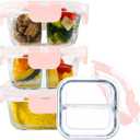 Bariatric Meal Prep Containers, 8 oz Bariatric Portion Control Food Storage Containers with Two 4 oz Compartments (3 Pack), Reusable Glass Snack Containers with BPA Free Airtight Lids (Pink)