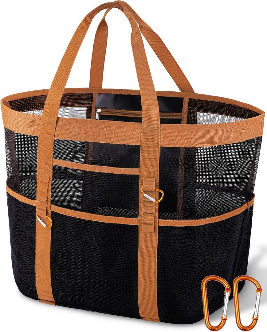 Chic & Spacious XX-Large Beach Bag for Women  12 Pockets, Waterproof Mesh, Foldable, Includes 2 Carabiners (Black and Brown)