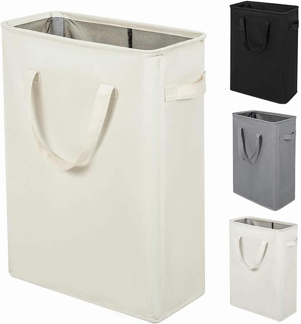 Slim Laundry Hamper With Handles Collapsible Laundry Basket Thin Dirty Clothes Basket Narrow Laundry Bag Foldable Dirty Clothes Hamper 45L (24inches,Beige), 15 X 8 X 24 Inches