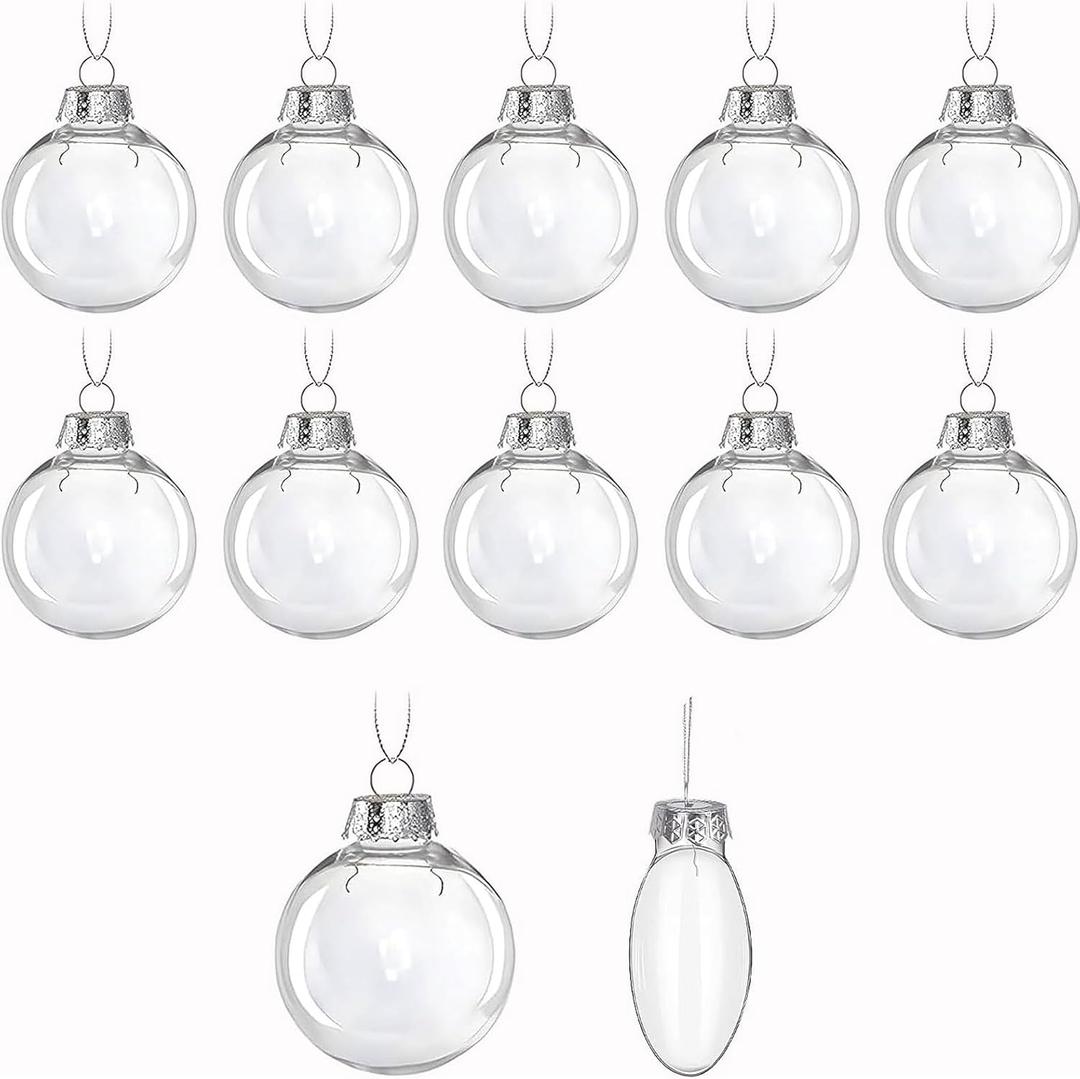12 Pcs Christmas Ball Ornaments,3.15" DIY Clear Plastic Fillable Ornament Balls Flat Sphere Hanging Ornament Set for Christmas Tree, Halloween and Wedding Birthday Party Decorations (80mm)