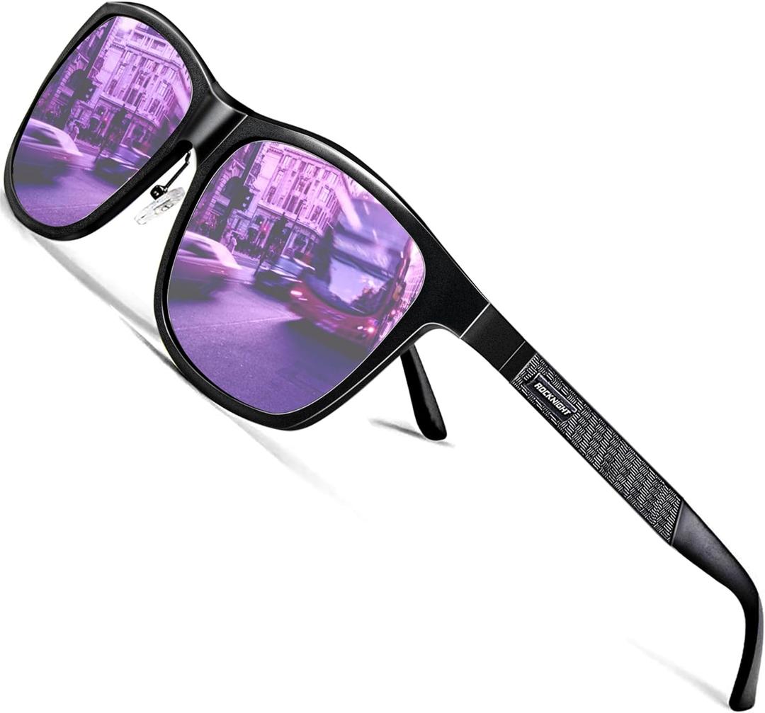 ROCKNIGHT HD Polarized Driving Sunglasses UV400 Protection Lightweight Al-Mg Metal Frame Outdoor Casual 60mm (Black Frame/Purple Lens)
