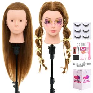 28Inch Mannequin Head with 80% Real Human Hair- Cosmetology Mannequin Head with Hair for Makeup Braiding Curling Cuting, Make up Doll head for Styling with Table Clamp Hair Styling Set (Blonde)