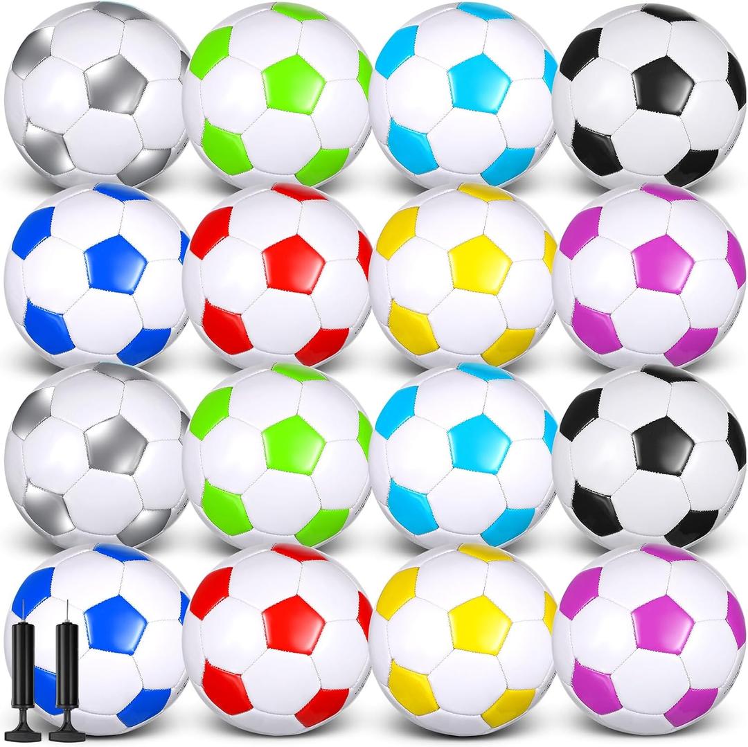 Soulchen 16 Pcs Gifts Soccer Balls Bulk with 2 Pcs Pump Size 5 Deflated Training Soccer Ball for Charity Youth Adult Sports Training Practice Game Play, 8 Color
