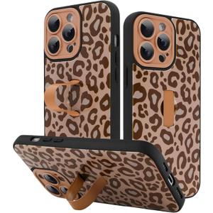KANGHAR for iPhone 13 Pro Case Brown Leopard Print Pattern Cute Cheetah Wristband Stand Phone Cover for Women Girls Men Shockproof Slim Protective Cover for iPhone 13 Pro 6.1 Inch