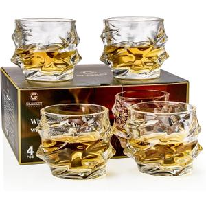 GLASKEY 12 oz Storm Japanese Whiskey Glasses Set of 4, Unique Cognac Glasses, Heavy Thick Bottom Bar Glass for Scotch Bourbon Rum Gin Water Cocktail,Gifts Men Gifts Ideas