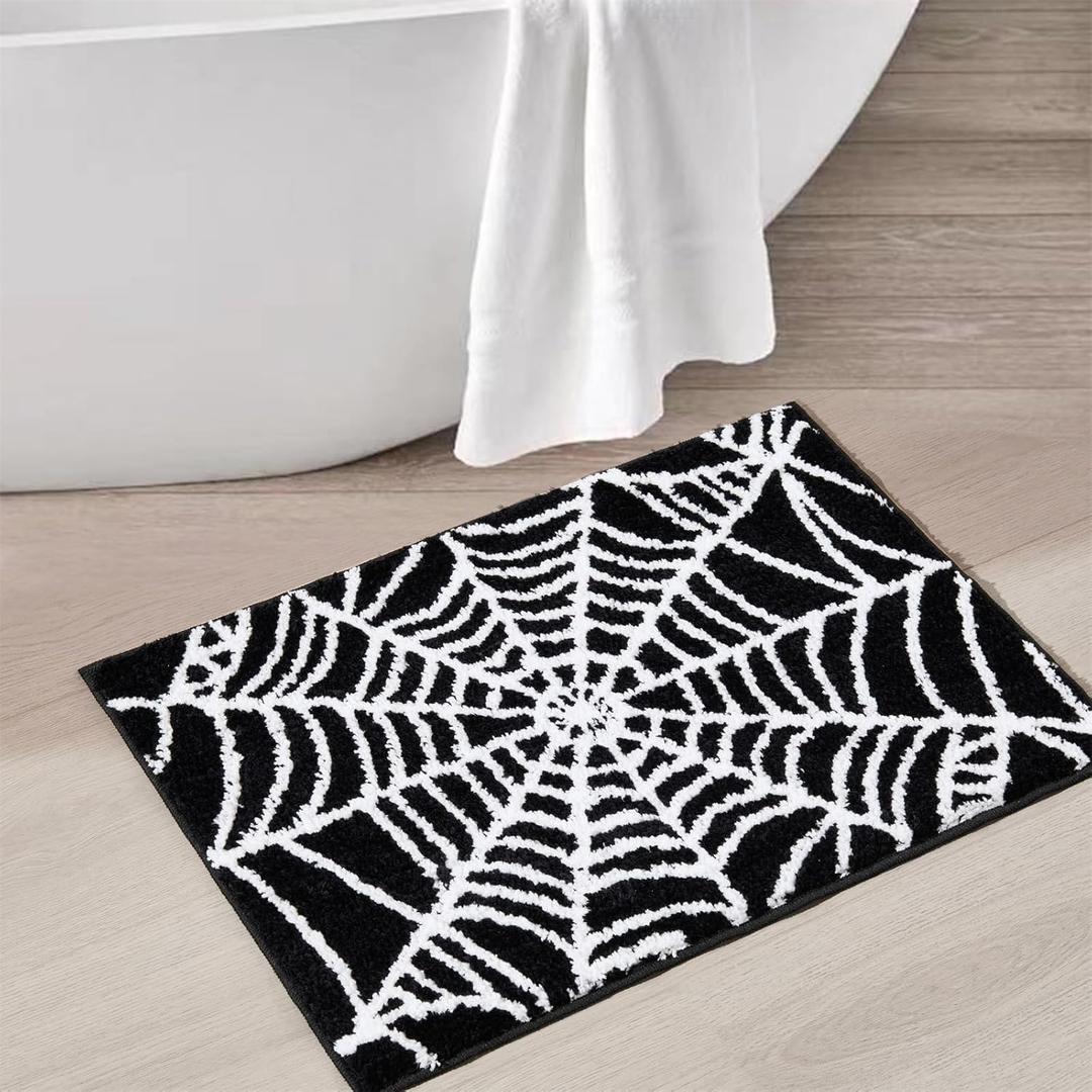 Estmy Black Gothic Bath Mat Spider Web Spooky Bathroom Mats Non Slip Washable, 16x24 Funky Cute Fun Vintage Bath Halloween Shower Rugs Bathroom Decor Ultra Soft Great Absorbency (Black and White)