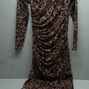 BEAUDRM Women's Y2k Leopard Print Fitted Mesh Sheer Bodycon Dress Cheetah Long Sleeve Crew Neck Maxi Dress, L