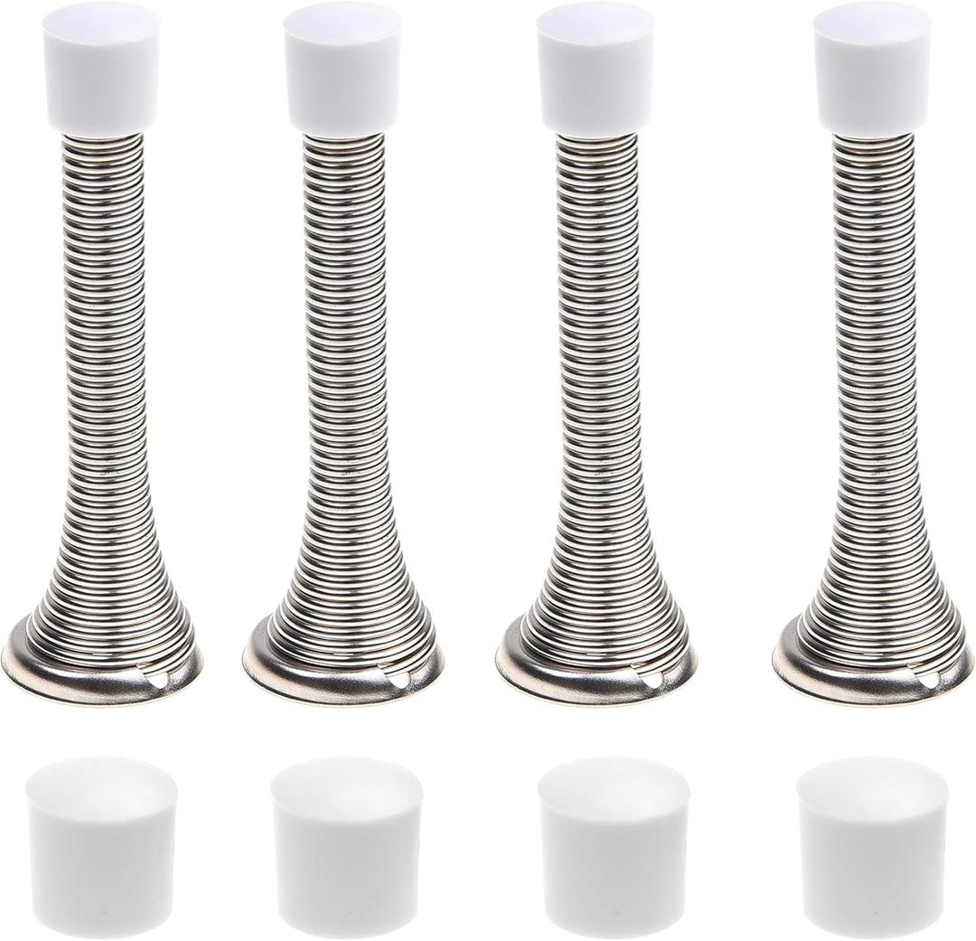 Kare & Kind 4X Spring Door Stoppers (Silver) - Screw-in Flexible Steel Stoppers with White Rubber Bumper Tips - Protect Walls from Bumps, Marks and Damages - Kid and Pet Safe - for Homes, Offices