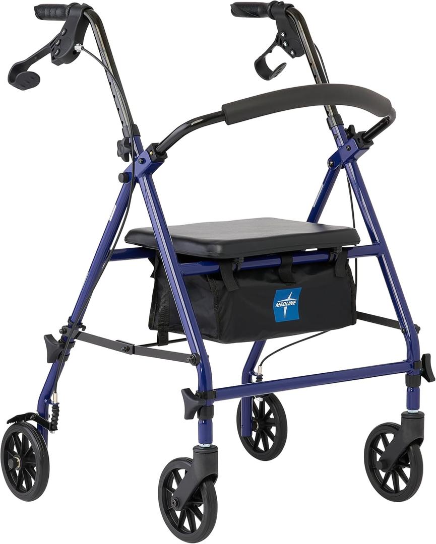 Medline Rollator Walker with Seat, Steel Rolling Walker with 6-inch Wheels Supports up to 350 lbs, Medical Walker, Blue