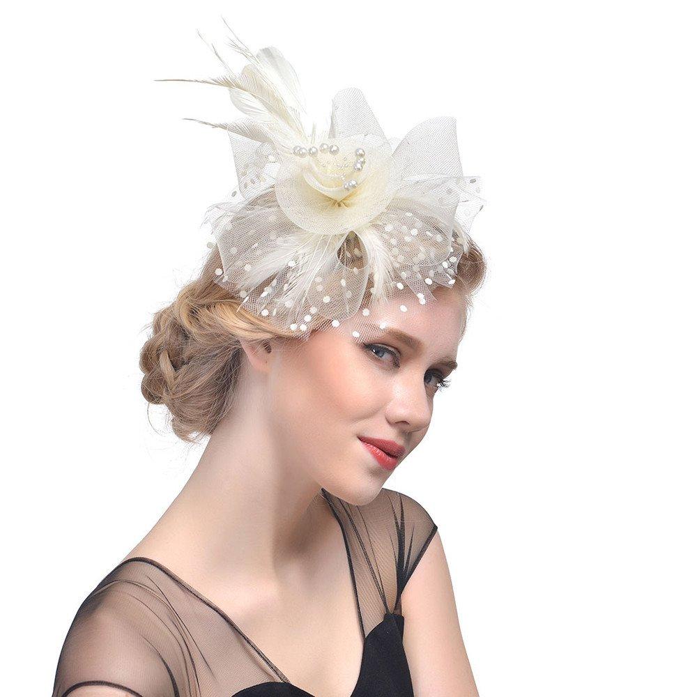 Women's Fascinators Feathers Mesh Ribbons Tea Party Hats with Headband and Clip Fascinator Hat (Gold)