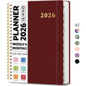2026 Planner, Weekly and Monthly Calendar Planner Book, January 2026 - December 2026, Hardcover Spiral Planner with Monthly Tabs, Notes Pages, Perfect for Women & Men, A5 (6.4" x 8.5") - Burgundy