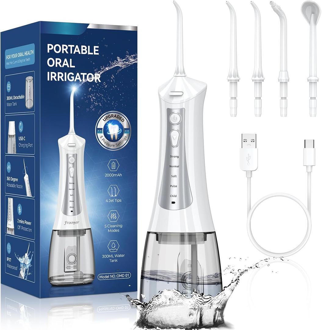 Family Cordless Water Flosser - 300mL Oral Irrigator with 5 Modes, 4 Tips, IPX7 Waterproof Rechargeable Teeth Cleaner for Braces, Kids & Travel (Brilliant White&grey)
