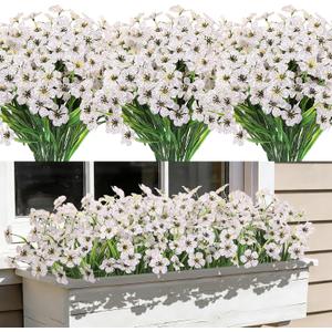 24 Bundles Artificial Flowers for Outdoors, Fake Silk Flowers UV Resistant Faux Plastic Plants for Outside Garden Patio Window Box Farmhouse Home Decoration, White