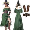 5PCS Renaissance Fairy Costume Women Medieval Elf Dress Green Victorian Witch Dress Ren Faire Outfit for Halloween, Large