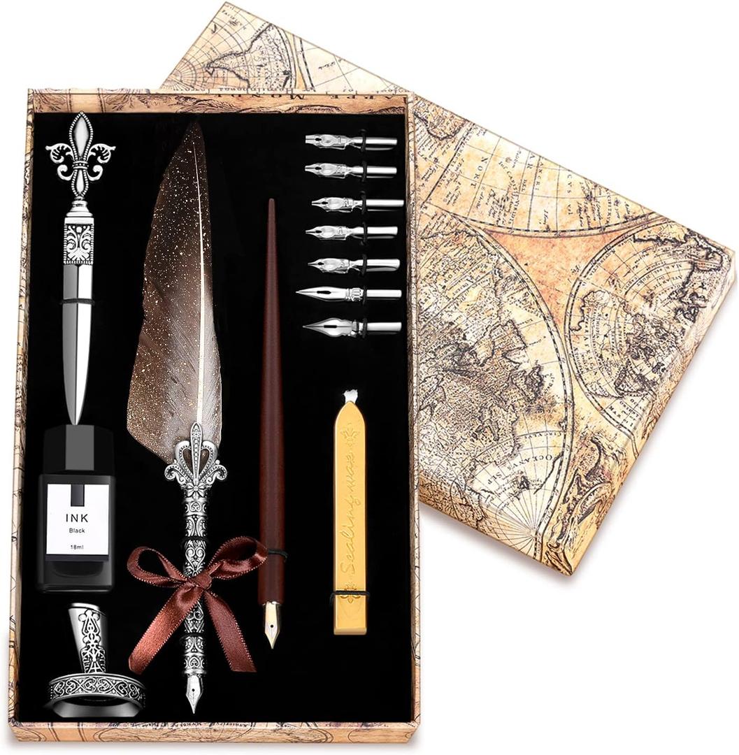 Vintage Quill Pen Ink Set, Feather Quill Pens with Wooden Calligraphy Pen, Including 7 Different Sizes of Nib, Calligraphy Pen Set Gift & Women and Man (Grey)
