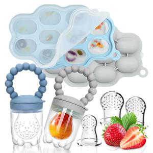 Silicone Baby Fruit Food Feeder, 2 Pack Freezer Tray with lid for Batch Prep,Introduce New Foods, Breastmilk Popsicle Molds, Silicone Teething Toys, Includes 6 Extra Food Pacifier (Blue and Grey)