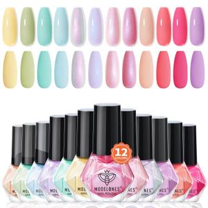 modelones Nail Polish Set, 12 Colors Spring Summer Blue Green Pink Nude Yellow Purple Pastel Quick Dry Mini Starter Kit Long Lasting Art DIY Manicure Set at Home for Women Girls