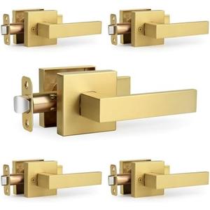 LOQRON Square Passage Gold Door Handles (No Lock and Key), Non-Locking Heavy-Duty Gold Door Handle for Bathroom and Interior Closet, Satin Brass, 5 Pack