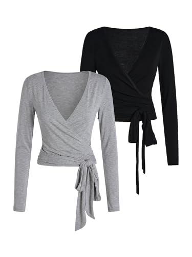 SweatyRocks Women's Pilates Outfits Wrap Tops Ballet Yoga Coquette Shirt Cute Long Sleeve Workout Activewear Black and Grey Medium