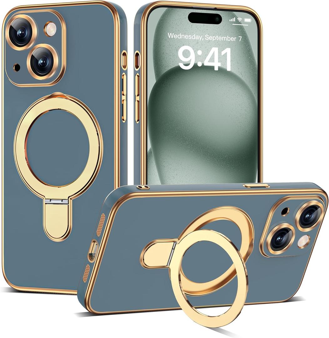 Compatible with iPhone 15 Plus Case with Magnetic Ring Stand [Compatible with Mag-Safe] [Full Camera Lens Protector] Soft Plating Phone Case for iPhone 15 Plus 6.7", Grey Blue