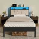 Z-hom 14 Inch Twin Bed Frame with Charging Station, Easy Assembly LED Bed, Upgrade Version-beige