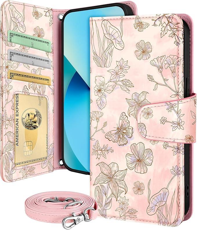 Buleens for iPhone 13 ProMax Wallet Case for Women  with Card Holder for iPhone 13 ProMax Flip Case Leather Crossbody Cute Aesthetic i Phone 13ProMax Case with Strap for Girls Girly, PK Line Flower