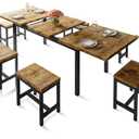 Farmhouse Dining Table Set, 63-inch extendable Dining Table with 2 Benches and 2 stools, Metal and Wood Brackets Suitable for Kitchens and Restaurants(Brown,7-Piece(6 Stools))