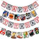 Set of 4 Race Car Happy Birthday Party Banners, Racing Theme Garlands Checkered Flag for Birthday Party Supplies Photo Props Baby Shower Wall Decor