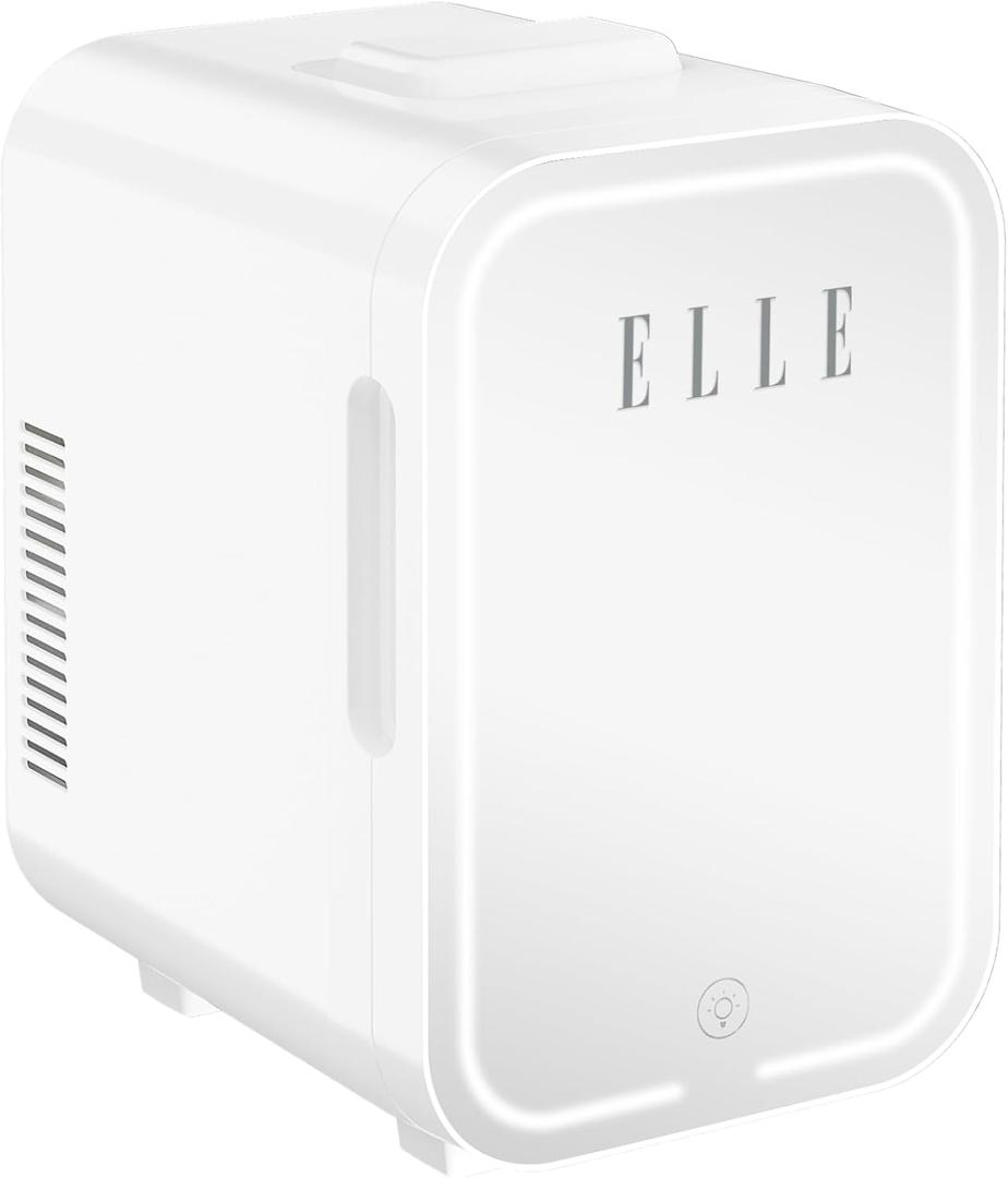 ELLE 8L Mini Cooler Fridge with LED Makeup Mirror for Skincare & Cosmetic Storage Cooler & Warmer Removable Shelf Carrying Handle AC DC Power Options Small Refrigerator for Bedroom Car Office White