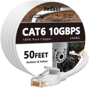 Cat 6 Outdoor Ethernet Cable 50 ft, Support Cat8/7 Network, 10Gbps 550MHz, 24AWG Pure Copper, Direct Burial Waterproof In-Ground UV Resistant LAN Internet Patch Cable for Router, Modem, Switch, White
