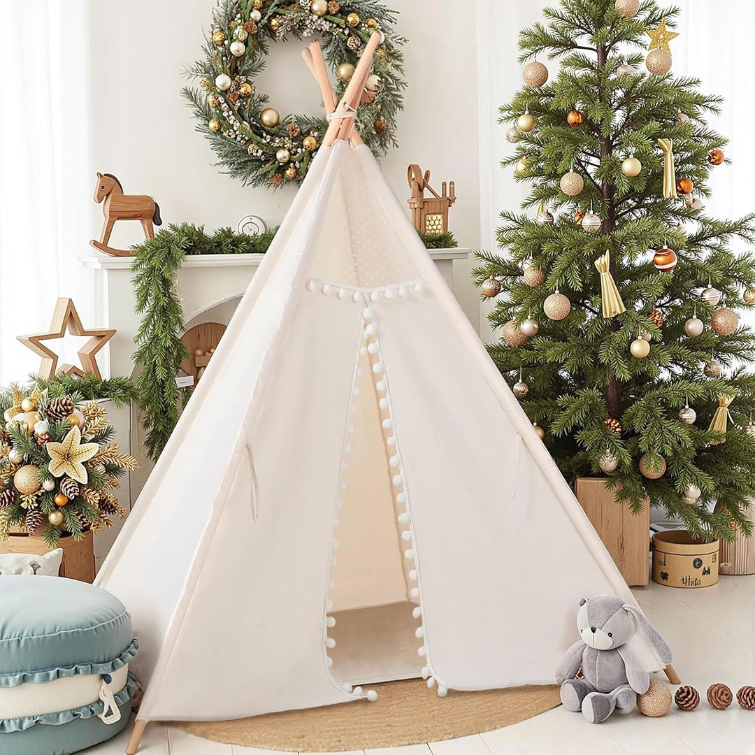 Sumbababy Kids Teepee Tent for Toddlers Indoor- Play Tents for Girls & Boys Slumber Party - Washable Tipi Sleepover Tent Kid Boho Toddler Tents with Lights & Carry Bag - Foldable Outdoor Gift Toys