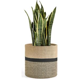 Dahey Jute Rope Plant Basket Modern Woven Storage Basket for 12" Indoor Planter, Decorative Flower Pots Cover Laundry Bin with Handle Rustic Home Decor, Black