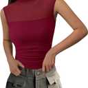 PRETTYGARDEN Women's Summer Sheer Mesh Tank Tops 2025 Trendy Casual Sleeveless Mock Neck Ruched Slim Fitted Going Out Shirts (S)