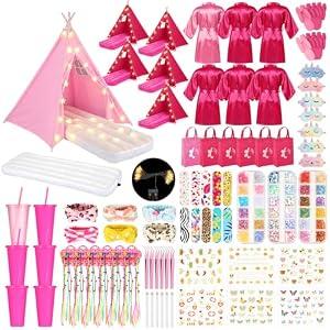 Chunm 6 Set Sleepovers Teepee Tents Spa Slumber Party Robes Supplies Bulk with Inflatable Airbed and Light String, Birthday Favors Gift Indoor Outdoor (Complete, 1 Pink 5 Rose Red)
