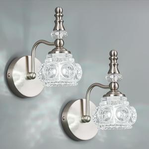 Modern Wall Sconce Set of Two Indoor Wall Lamp Nickel Vintage Wall Sconces Glass Wall Light Bathroom Vanity Light Fixture Wall Mounted Room Sconce Wall Lighting (1-Light (2-Pack))