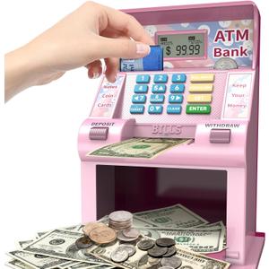 ATM Piggy Bank for Kids, Kids Bank for Real Money with Debit Card, Coin Recognition, Target Setting, Bill Feeder, Balance Calculator, Savings Machine Box, Gifts for Teen Boys Girls (Large, Light Pinke)